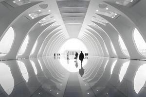 Person walking in tunnel with reflection photo