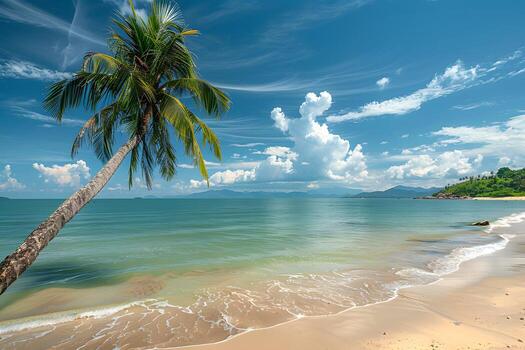 palma árbol colgando terminado el apuntalar de un arenoso playa foto