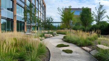 A pathway leading to a building surrounded by numerous green plants photo