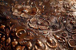 Metal plate featuring intricate flower design in close-up photo
