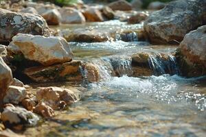 A stream of water flowing through rocks photo