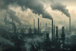 Smoke billowing from factory chimney in a city skyline photo