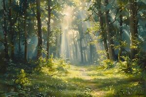A path cutting through a forest filled with sunlight photo