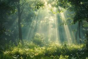 Sunlight filtering through trees in a grassy forest with wildflowers photo