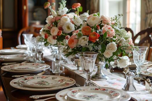 un mesa lleno de platos y flores foto