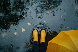 Giraffe standing in a puddle with an umbrella and yellow rain boots photo