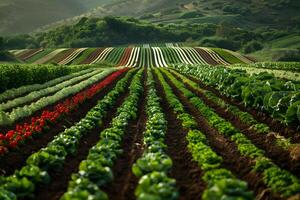 A close up of a field of vegetables with hills in the background photo