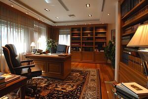 A desk with a lamp and chair in a room photo