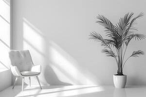A close up of a chair with a plant in a room photo