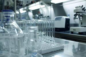 Microscope and various glassware in a science lab photo