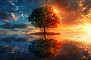 A tree in the middle of a lake with a sunset in the background photo