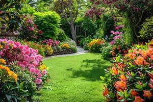 A garden filled with blooming flowers and lush trees in the background photo