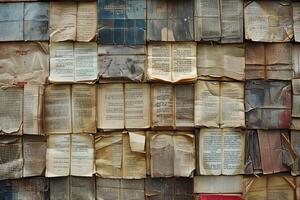 Wall of old books with torn pages and torn pages photo