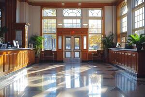 A large lobby with a checkered floor and a large window photo