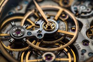 A close up of a watch with a gold case and gears photo