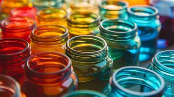 Many different colored glass jars with lids on a table photo