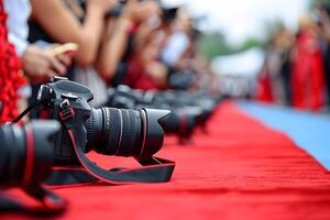 Camera on a red carpet with people in the background photo