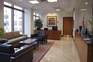 A lobby with a couch, chairs, and a television photo