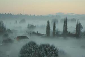 Foggy landscape with houses and trees in the foreground photo