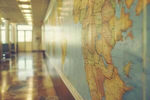 A map displayed on the wall of a corridor inside a building photo