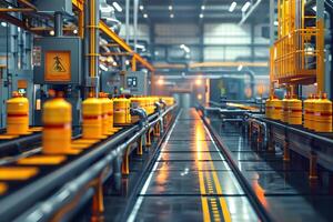 A factory with a conveyor belt and yellow bottles photo
