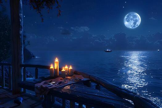 velas ardiente de madera mesa muelle Oceano ver foto