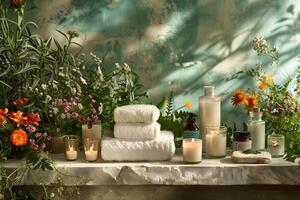 Towels, candles, and flowers arranged on a table photo