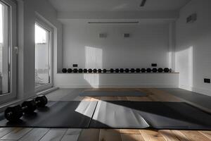 A room with a yoga mat and a pair of dumbbells photo