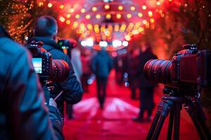 Camera on tripod capturing red carpet event photo