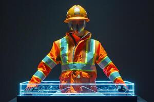 A man in a hard hat and reflective jacket standing in front of a glowing table photo