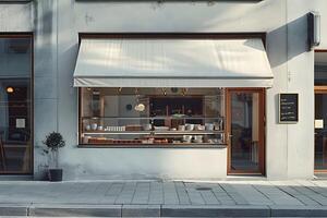 A store front with a window and a sign on the side photo