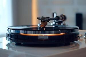 A turntable with a record on it sitting on a table photo