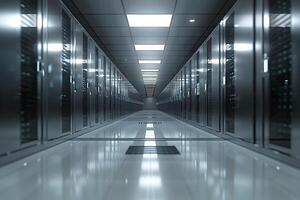 View of a long hallway filled with rows of computer servers photo