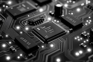 Close-up of computer circuit board with multiple electronic parts photo