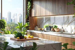un cocina con un mármol mostrador parte superior y un grande ventana foto