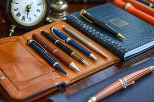 Many pens and notebooks on a table with a clock photo