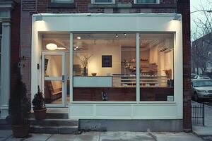 A store front with a large window and a small table photo