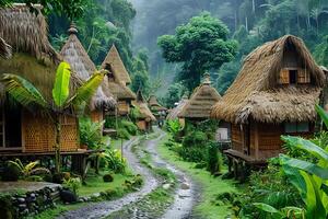 Many thatched houses surrounded by trees in a woodland photo