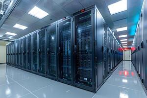 Row of servers in a data center with a red light photo