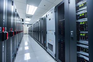 Row of servers in a data center with a lot of wires photo