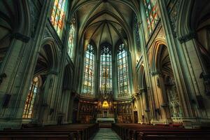 View of a cathedral featuring stained glass windows and rows of pews photo