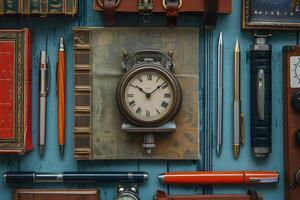 A clock and a book on a table with other items photo