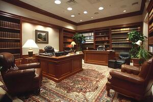 A large room with a desk, chairs, and a lamp photo