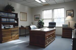 A desk with a chair and a bookcase in the corner photo