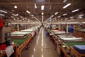 Factory workers at rows of beds operating machines photo