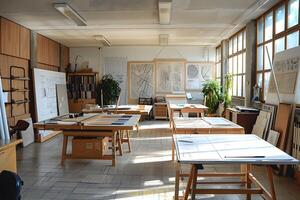 Many tables and chairs in a room with a lot of windows photo