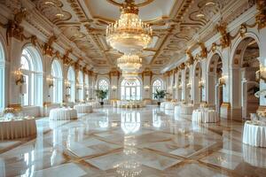 Room with tables, chairs, chandeliers photo
