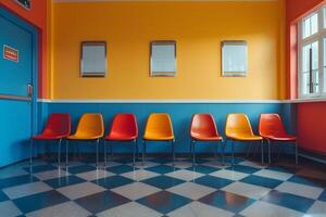 A close up of a row of chairs in a room with a checkered floor photo