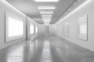 Three blank white frames on room wall photo