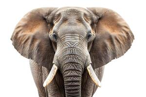 An elephant with tusks in front of a plain white background photo